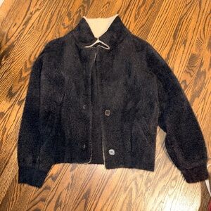 OAK + FORT Black and Cream Textured fury bomber sweater Jacket can